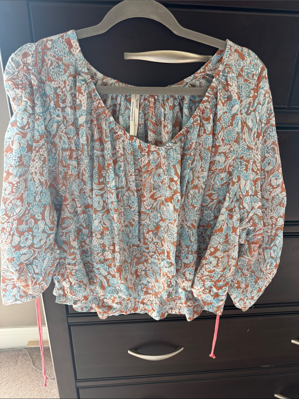 Anthropology Light Blue and Tan Floral Peasant Blouse